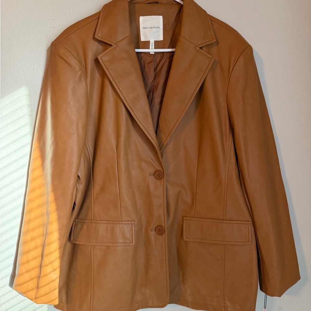 Women’s Avec Les Filles Jacket Tan Faux Leather Blazer Luxury Size Large